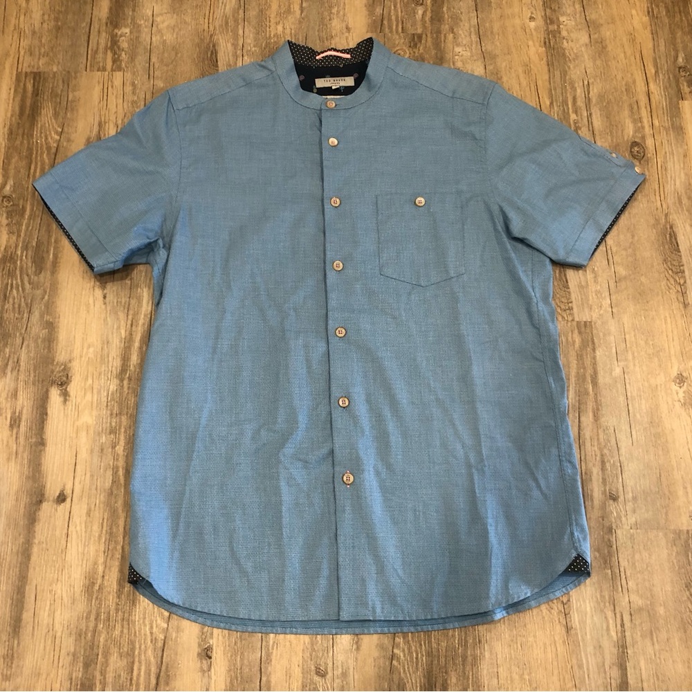 Ted Baker Light Blue Short-Sleeve Mandarin Collar Button-Down Basketweave Shirt